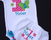 Girls' Birthday  Hot Pink with Lime Green and Turquoise Butterfly  Short Sleeve Onesie and Diaper cover