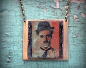 Etched Metal Charlie Chaplin Necklace with Orange, Green & Yellow