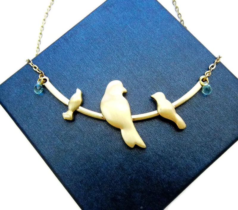 Romantic Bird on a Wire Necklace Faceted Blue Teardrop Glass Crystals Whimsical Gift