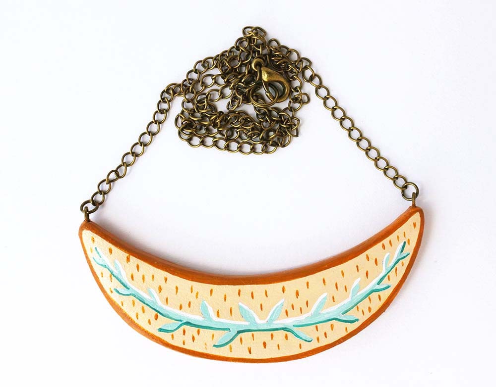 Handpainted clay necklace - Illustrated wearable art - one of a kind- Botanical inspitation - whimsical jewellery