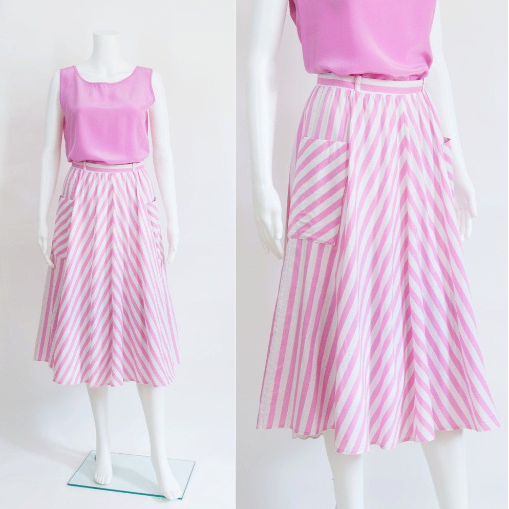 Bubblegum Pink Striped Cotton Circle Skirt / Big Pockets / S