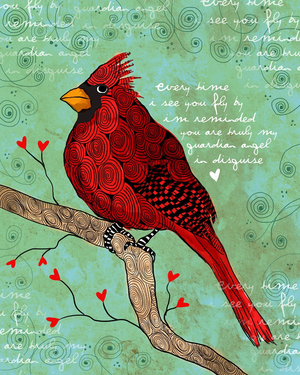 Guardian In Disguise / Male Cardinal / original illustration ART Print SIGNED / 8 x 10 / NEW