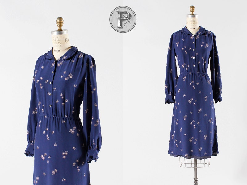 vintage dress large / navy blue silk dress : Adrienne