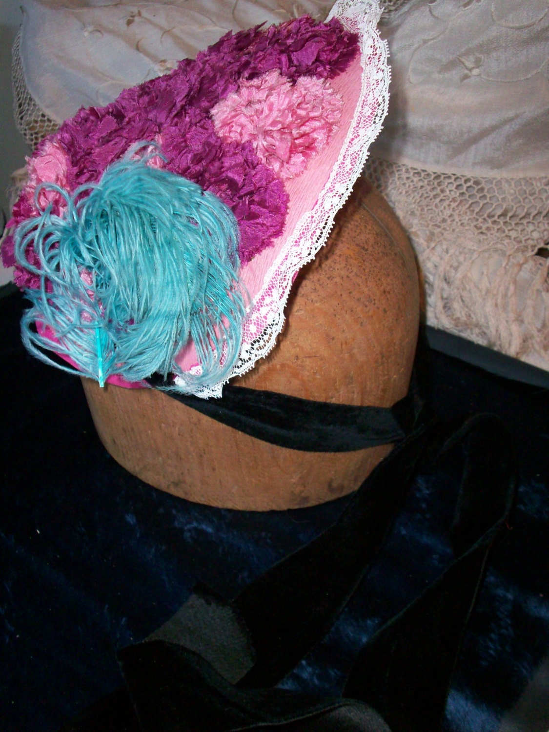 Darling antique french paper, feathers, flowers, and lace hat