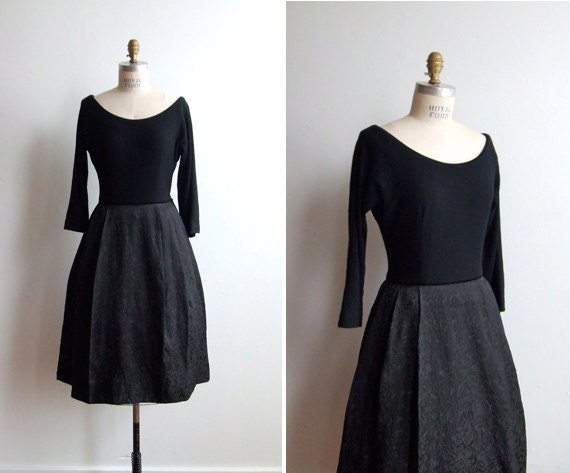 SALE / Vintage 1950s black evening dress with full circle skirt and boat neck