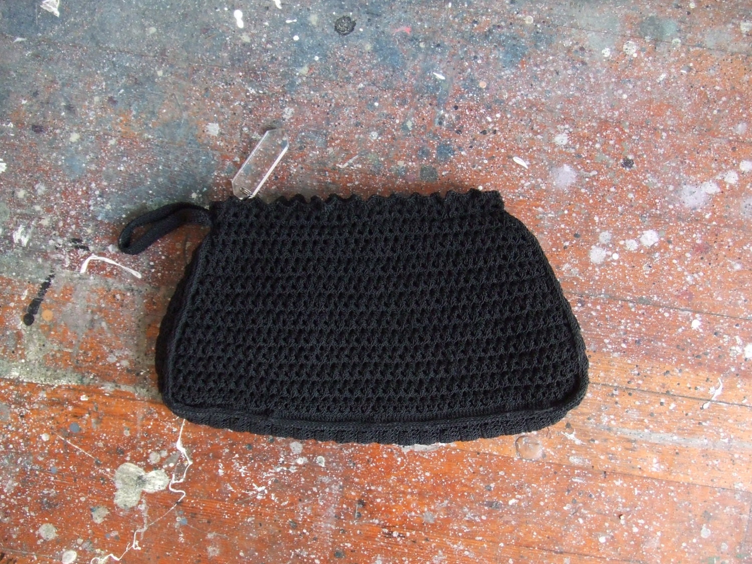 SALE / Vintage 1940s oversize woven black corde clutch with lucite zipper pull