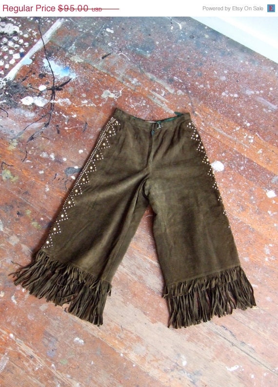 25% OFF STOREWIDE SALE Sale////Vintage 1970s designer green suede culottes with fringe and studded details