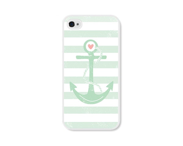 Striped Anchor Apple iPhone 4 Case - Plastic iPhone 4s Case - Nautical iPhone Case Skin - Mint Green Peach Pink White Cell Phone