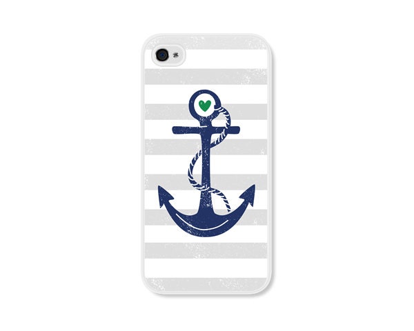 Striped Anchor Apple iPhone 5 Case - Plastic iPhone 5 Cover - Nautical iPhone 5 Skin - Cobalt Blue Navy Blue Grey White Cell Phone