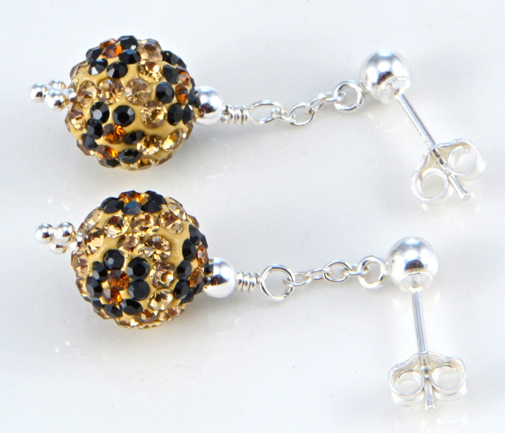Brown, Black, and Amber Pavé Rhinestone Disco Ball Earrings
