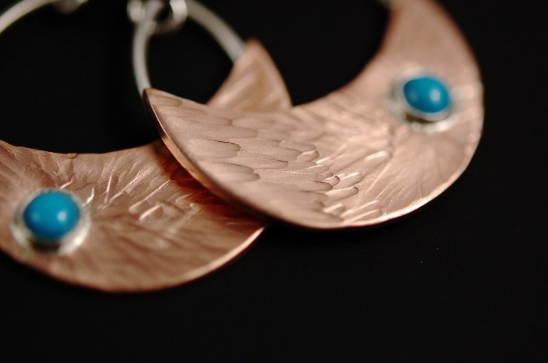 Hammered Copper and Sterling Silver Crescent Moon Earrings with Turquoise Cabochons - custom order