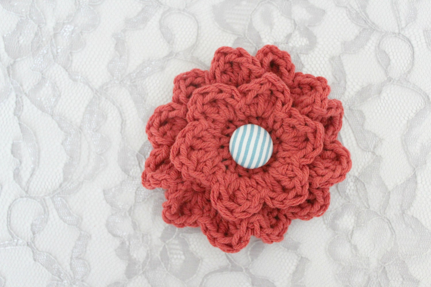 Coral Crochet Button Flower Clip