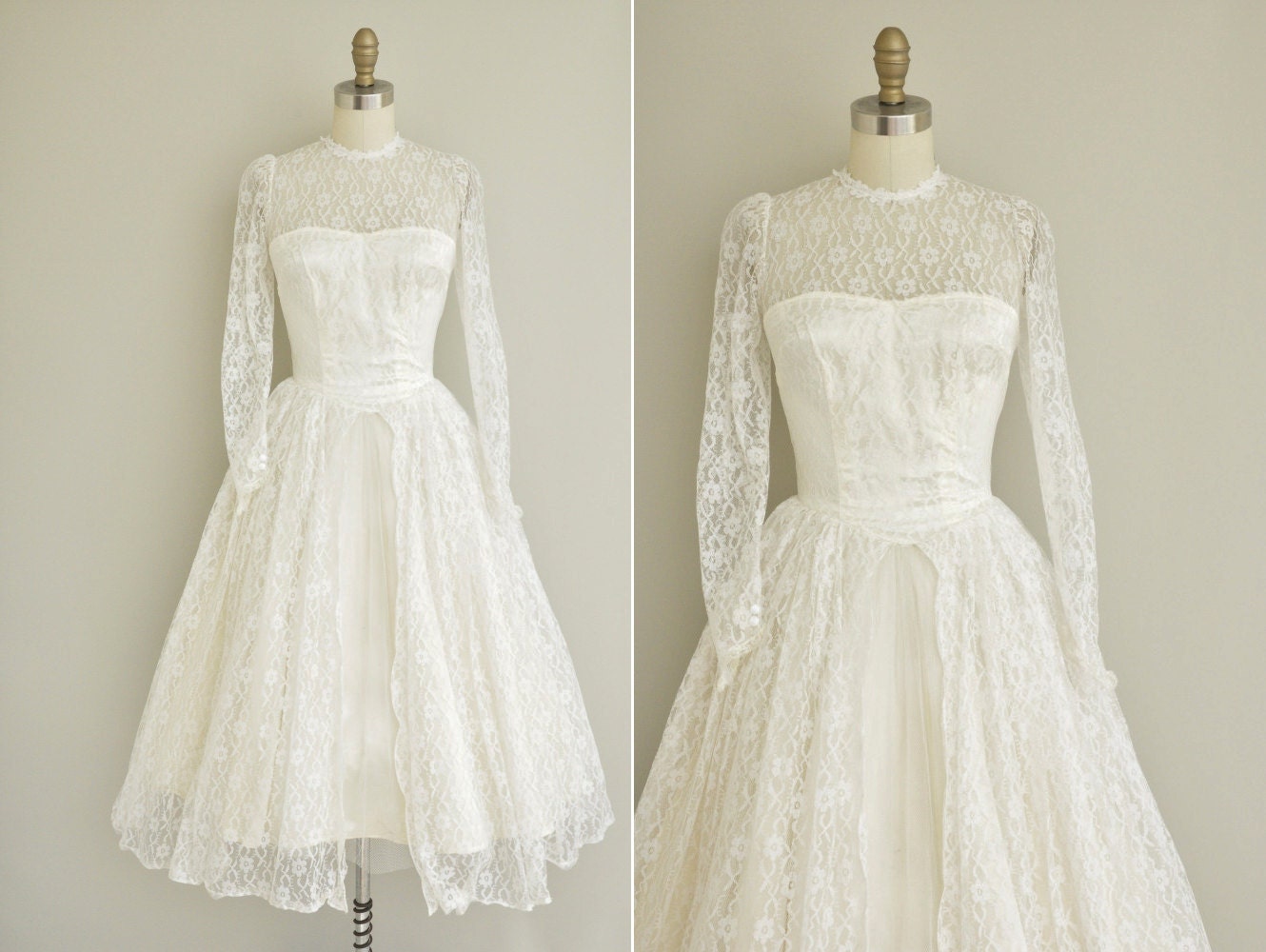 vintage 1950s wedding dress / 50s white tea length wedding dress / 1950s lace wedding dress