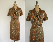 vintage 1950s dress / 50s colorful abstract print dress / 50s bow tie dress