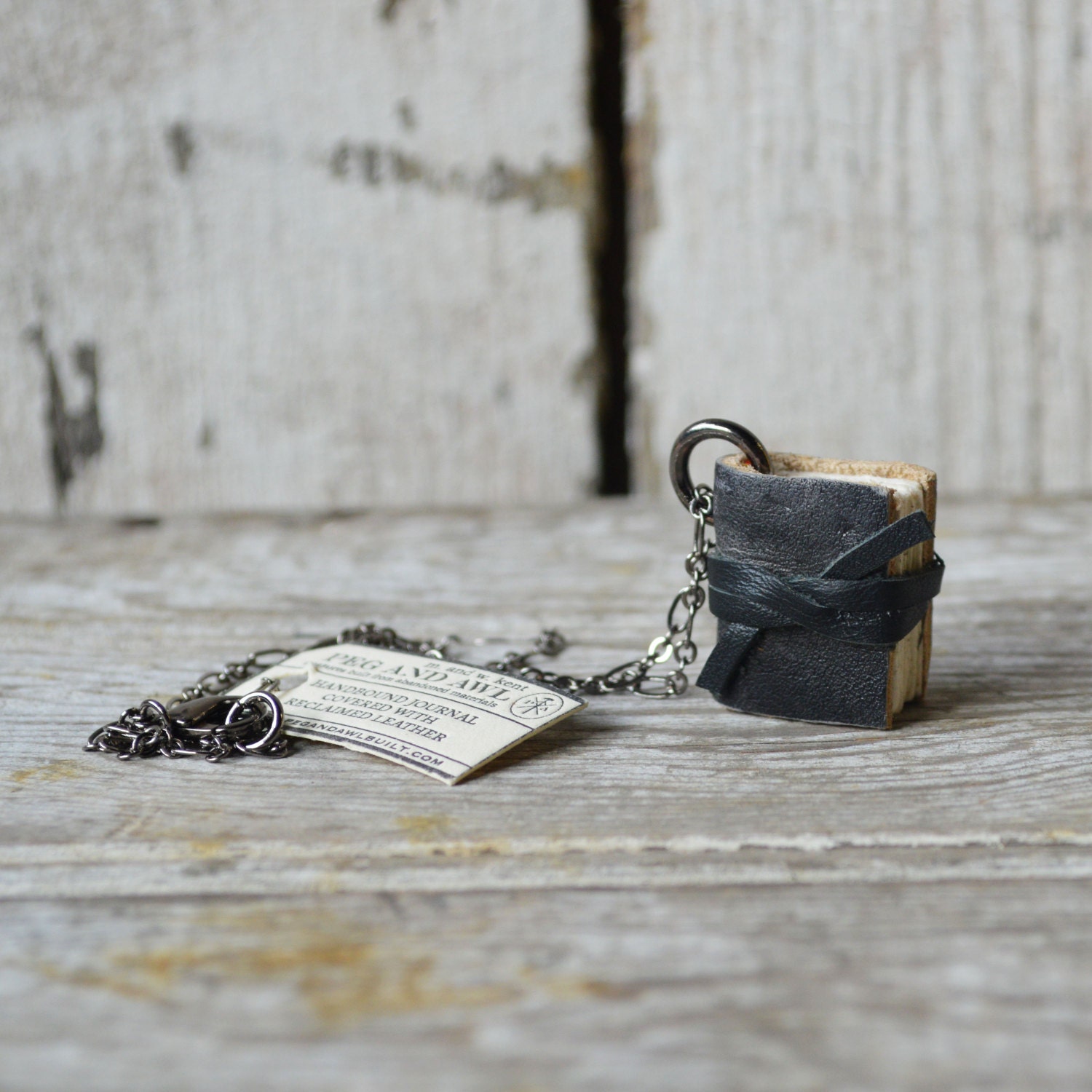 Book Necklace: Small, grey and black, reclaimed leather, gun metal.