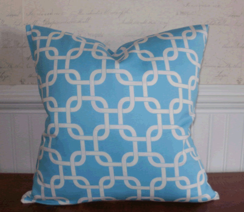 Decorative Pillow Cover: Designer 18 X 18 Accent Throw Pillow Cover in Turquoise and White Lattice Design