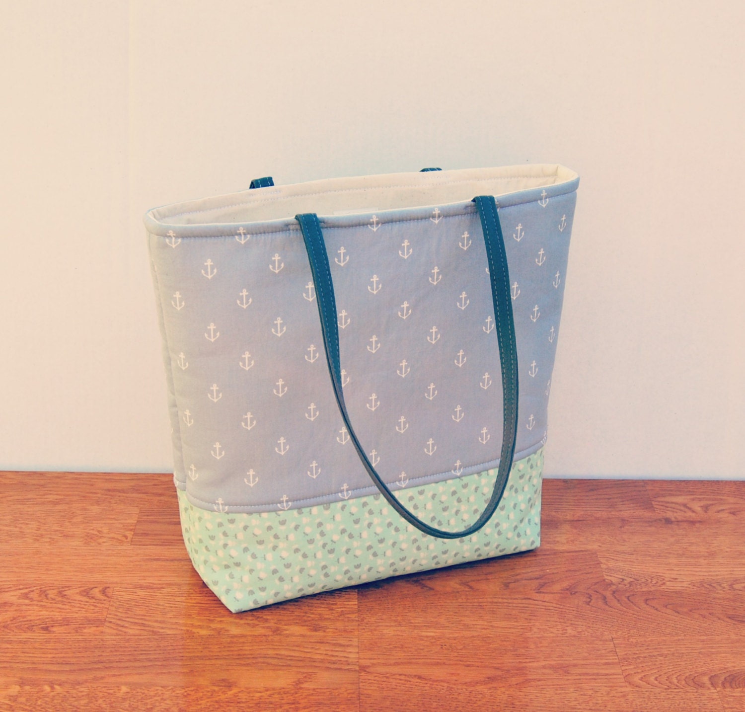 The Day Tote - READY TO SHIP - Gray Anchors and Mint Tulips