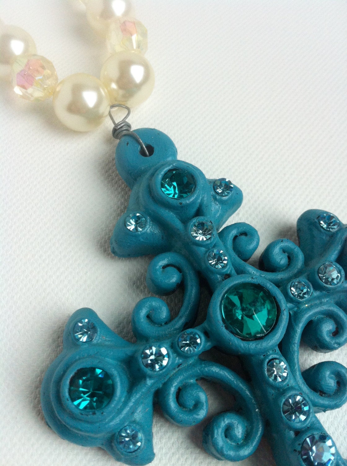Chunky Turquoise Bling Jeweled Cross White Cream Beaded Necklace