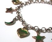 Celestial sterling heart vintage  charm bracelet, hearts, stars, moons