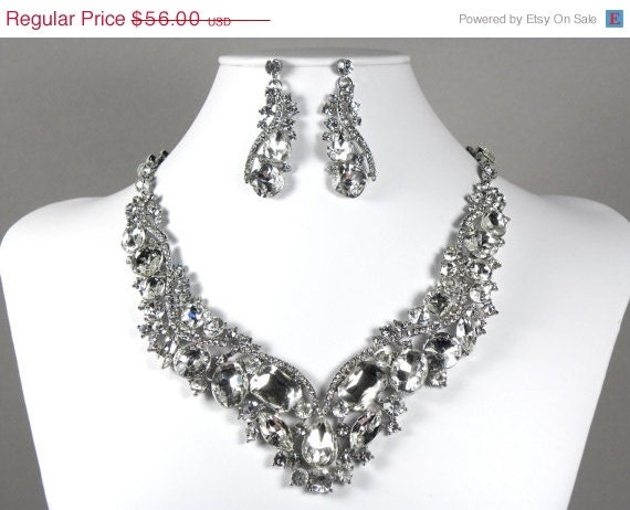 ON SALE Wedding Jewelry Set, Crystal Bridal Statement Necklace Earrings, Bridal Earrings, Vintage Style