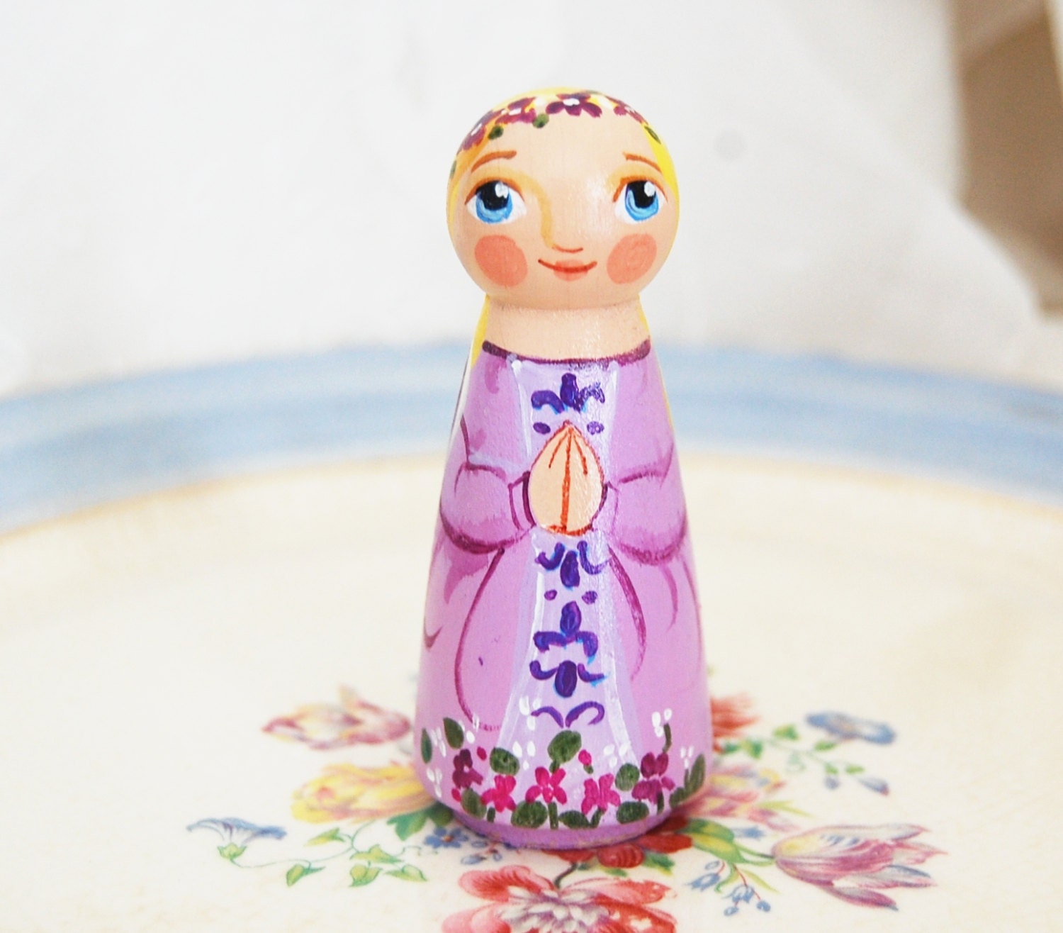 Violet Guardian Angel Catholic Saint Peg Doll - Custom Wooden Toy - Made to Order