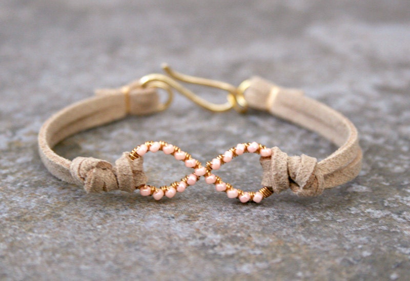 Peach Pink Infinity Bracelet Wire Wrapped Gold Brass and Suede MADE TO ORDER