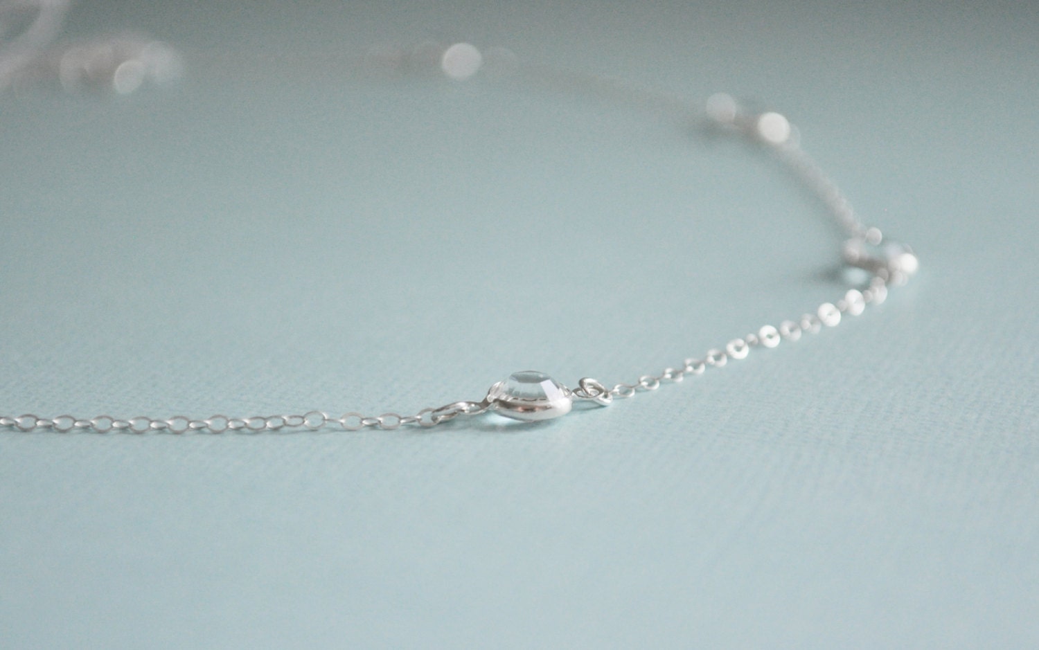 Crystal Pebble Necklace - clear swarovski crystal gem sterling silver round link scattered bride - simple wedding everyday jewelry