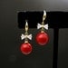 bridal party red coral round pearl earrings with cubic zirconia deco ribbon and gold hook- Free US Shipping
