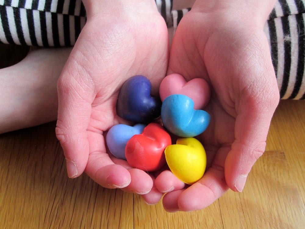 All Natural Handmade SOY CRAYONS Pocket Valentine's Hearts (Set of 6) purple, turquoise, blue yellow, pink, red
