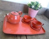 Tin Toy Dishes Teapot Cups and Saucers with Tray Orange Rustic Patina Romantic Farmhouse Shabby Chic Cottage Decor Photo Prop Vintage