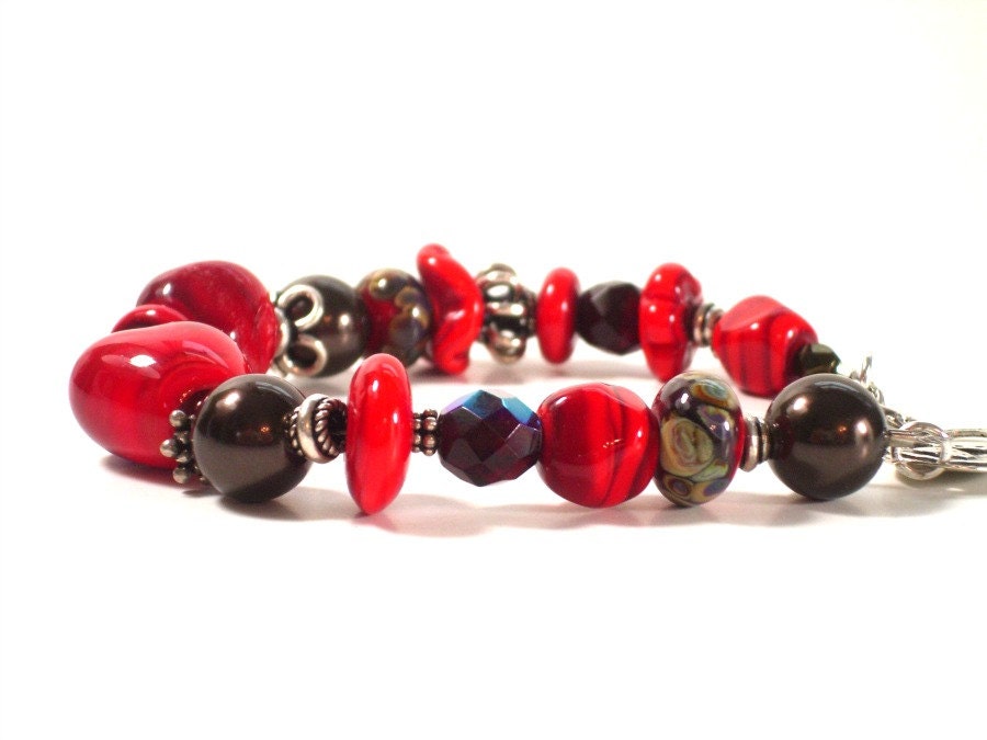 Handcrafted Lampwork Bracelet - Red and Brown - Heart Accents - Boutique Beaded Jewelry -- MAEVE