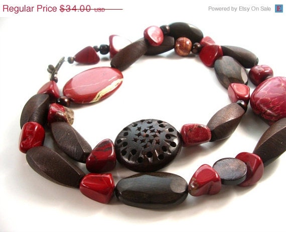 on sale SALE Long Bohemian Necklace . Woodland Rustic . Gemstone and Wood Jewelry --  ILSA