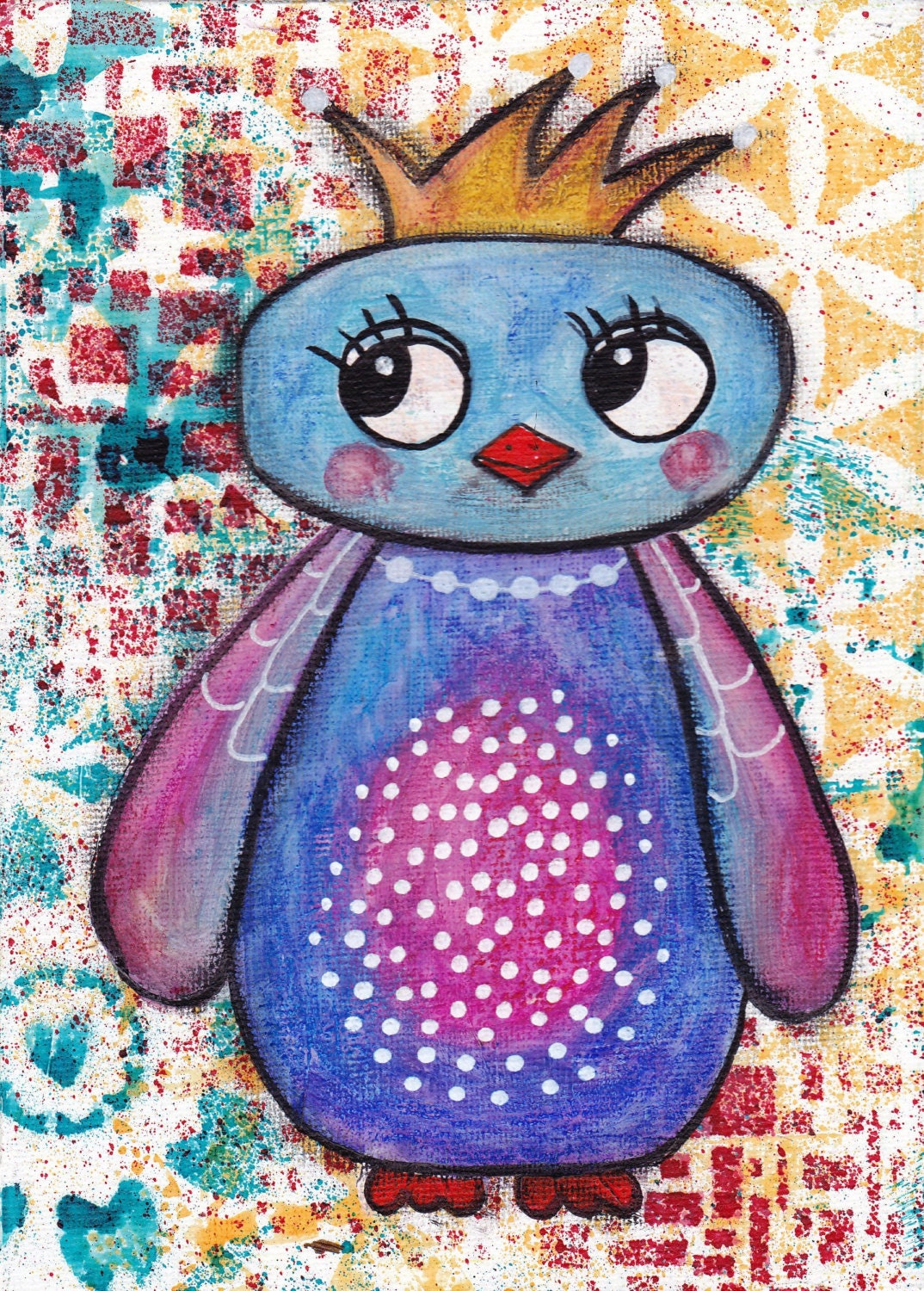 Lola - an original mixed media painting of a shy little owl - 5" x 7".