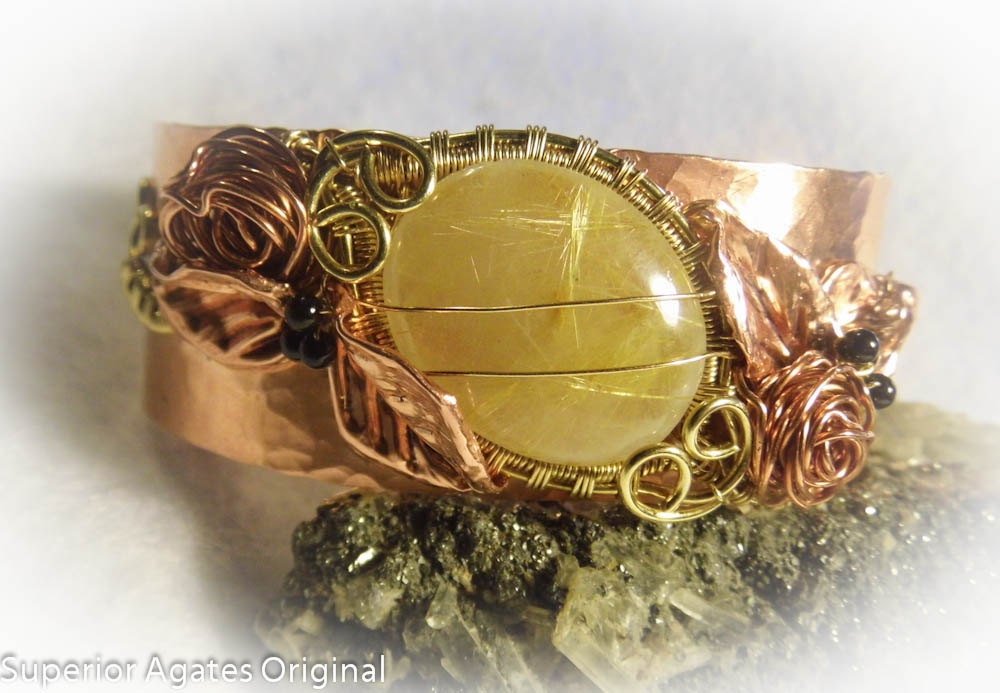 Rutilated Quartz Brass Copper Rose Leaf Hammered Cuff Bracelet Size 6