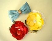 Trio of Dusky Mint Bow Barette Red Rose pin Yellow Flower Brooch Handmade
