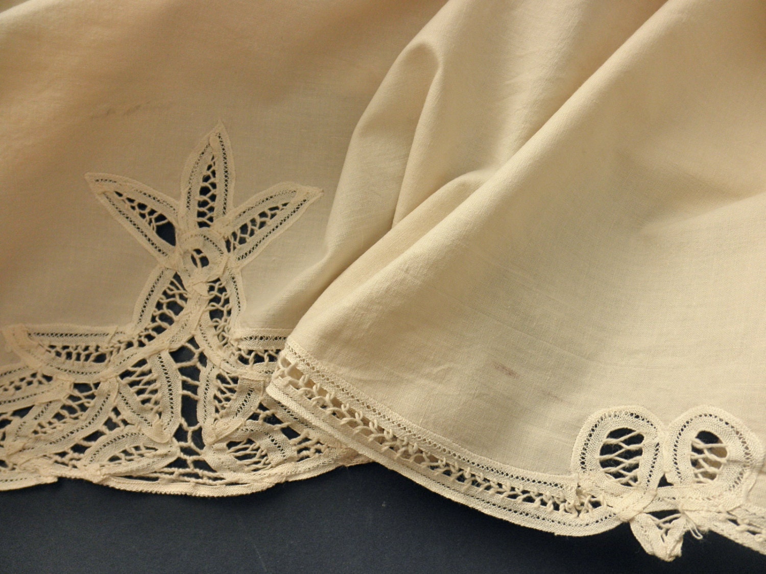 Beige cotton queen BED SKIRT ecru battenburg lace by JunqueDuJour