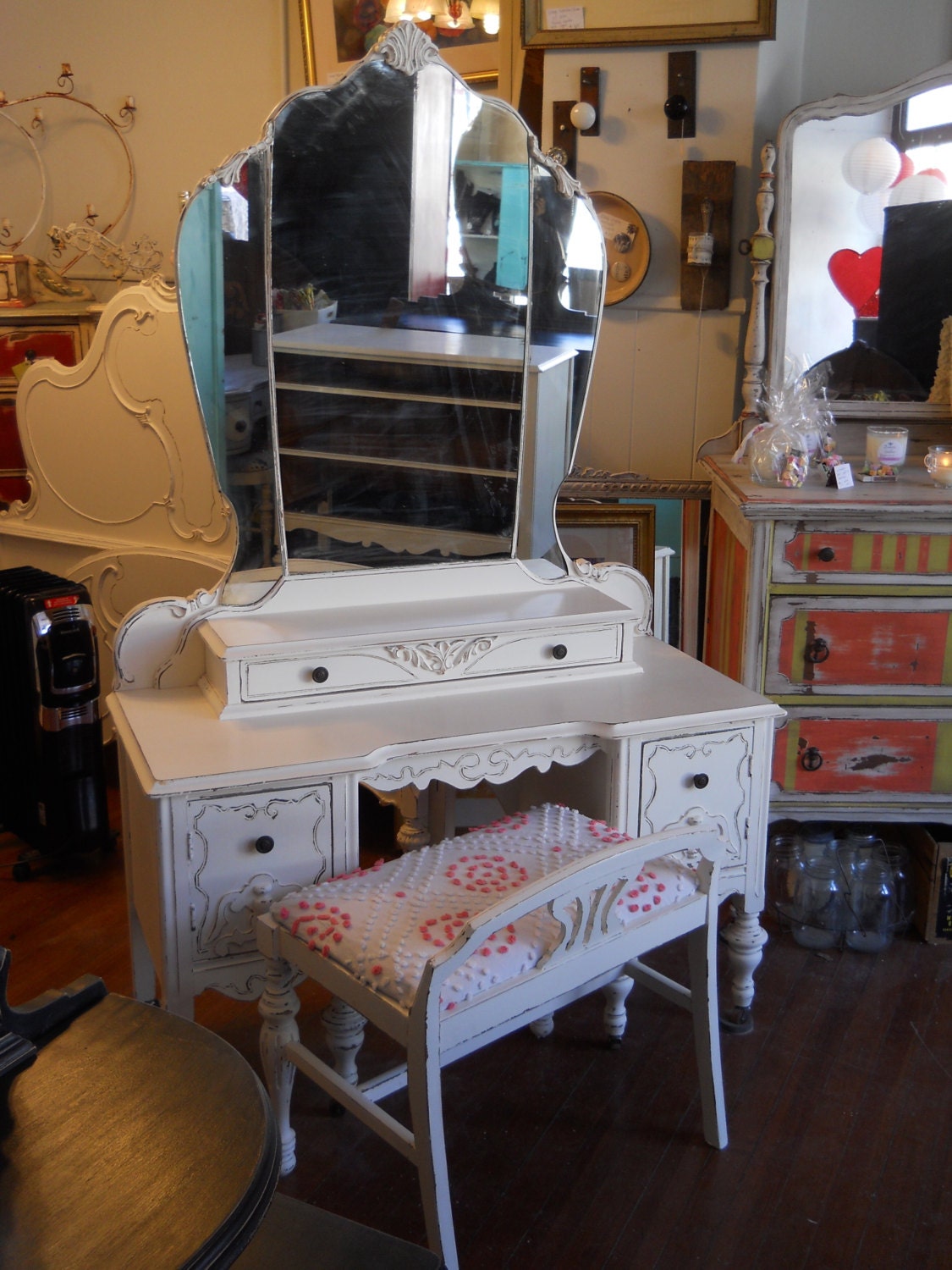 Vintage 1930s Painted Distressed Vanity With Triple Mirror and Bench