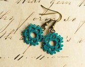 Vintage inspired retro handmade lace earrings rustic Victorian wedding bridesmaid gift prom jewelry - teal