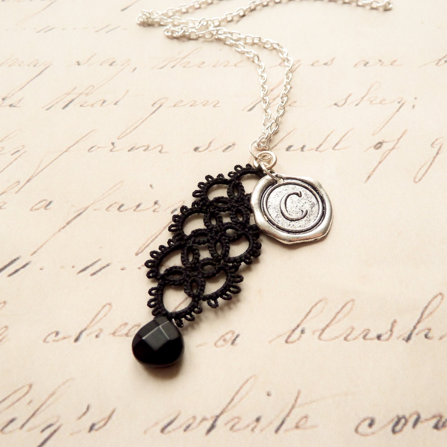 Personalized initial pendant necklace monogram letter wax seal handmade lace jewelry retro vintage inspired bridesmaid gift - black