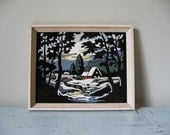SALE...Vintage Paint By Numbers Black Velvet Framed Decorative Wall Art