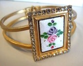 MAY 10% SALE Guilloche rose diamond bangle, diamonte, hand painted, cuff, bracelet