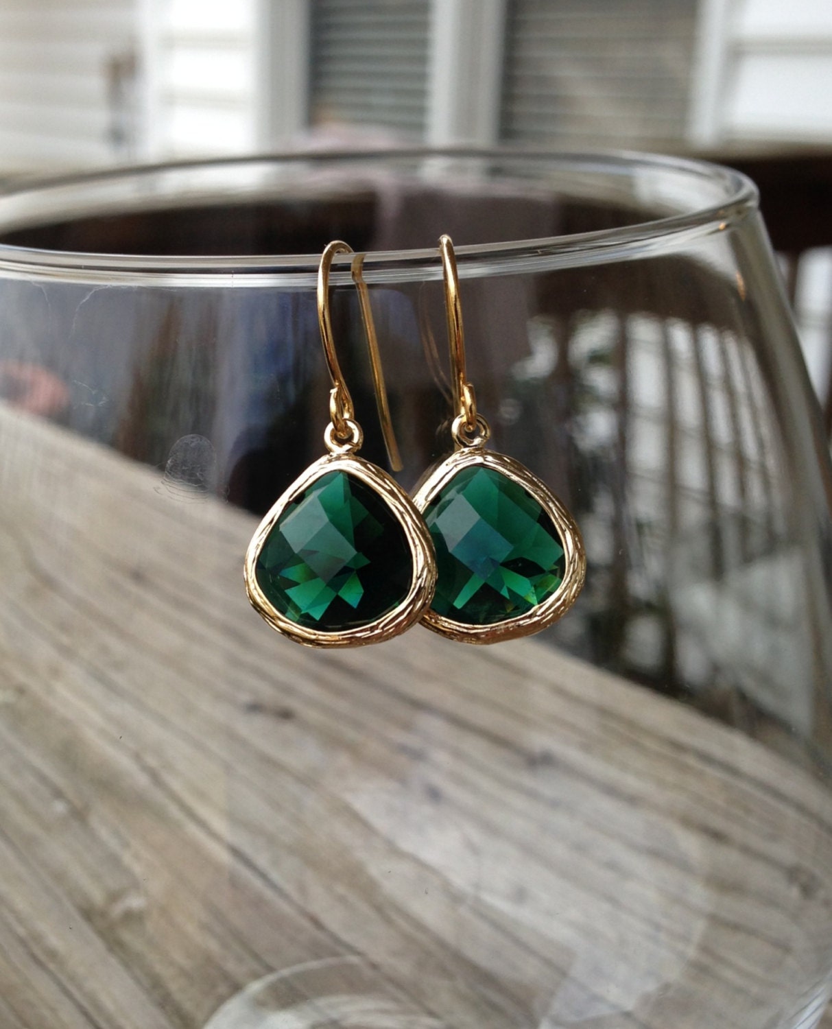 Sale - Golden Teardrop Dangle Earrings in Emerald Green - May birthday, gift, mother, wife, daughter, sister, bridesmaid, romantic