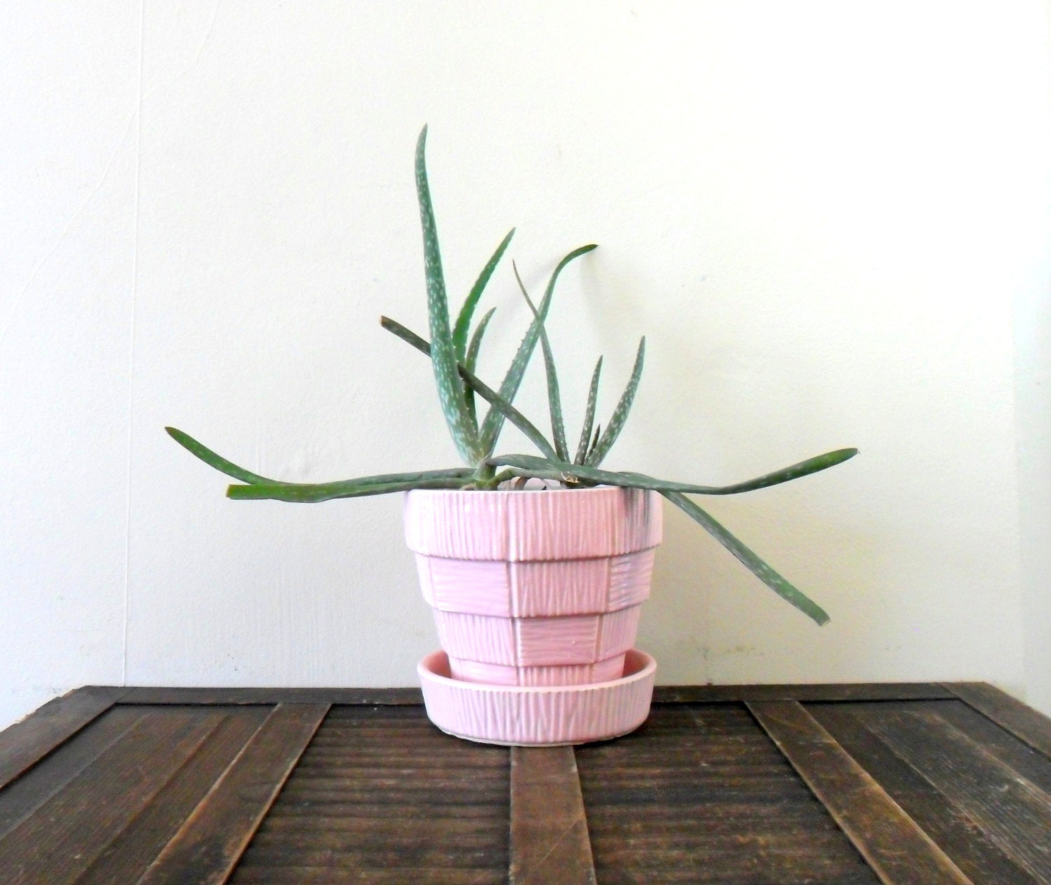 40s pink weaved basket style ceramic mccoy planter - spring finds - garden - pastel