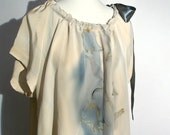 Blouse  Handpainted Luxurious Crepe de Chine Silk Off White Blue Foral romantic With Bow