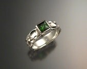 Natural Green Tourmaline Ring Sterling silver Made to Order square stone wide band Moonscape Ring