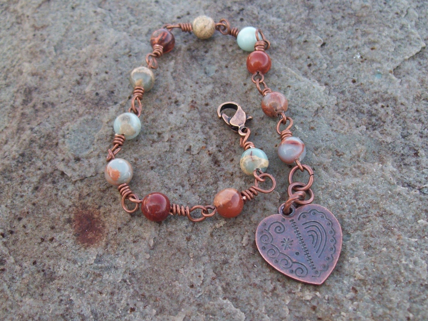 Compassion - Aqua Terra Jasper Gemstone Beads and Copper Heart Charm wire linked Bracelet
