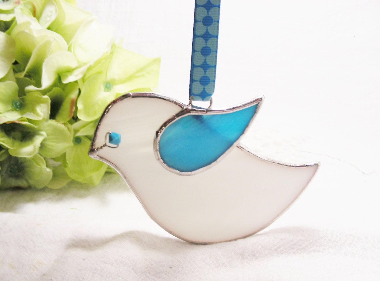 NEW White Wispy and Turquoise Birdie with Ribbon (ready to ship)