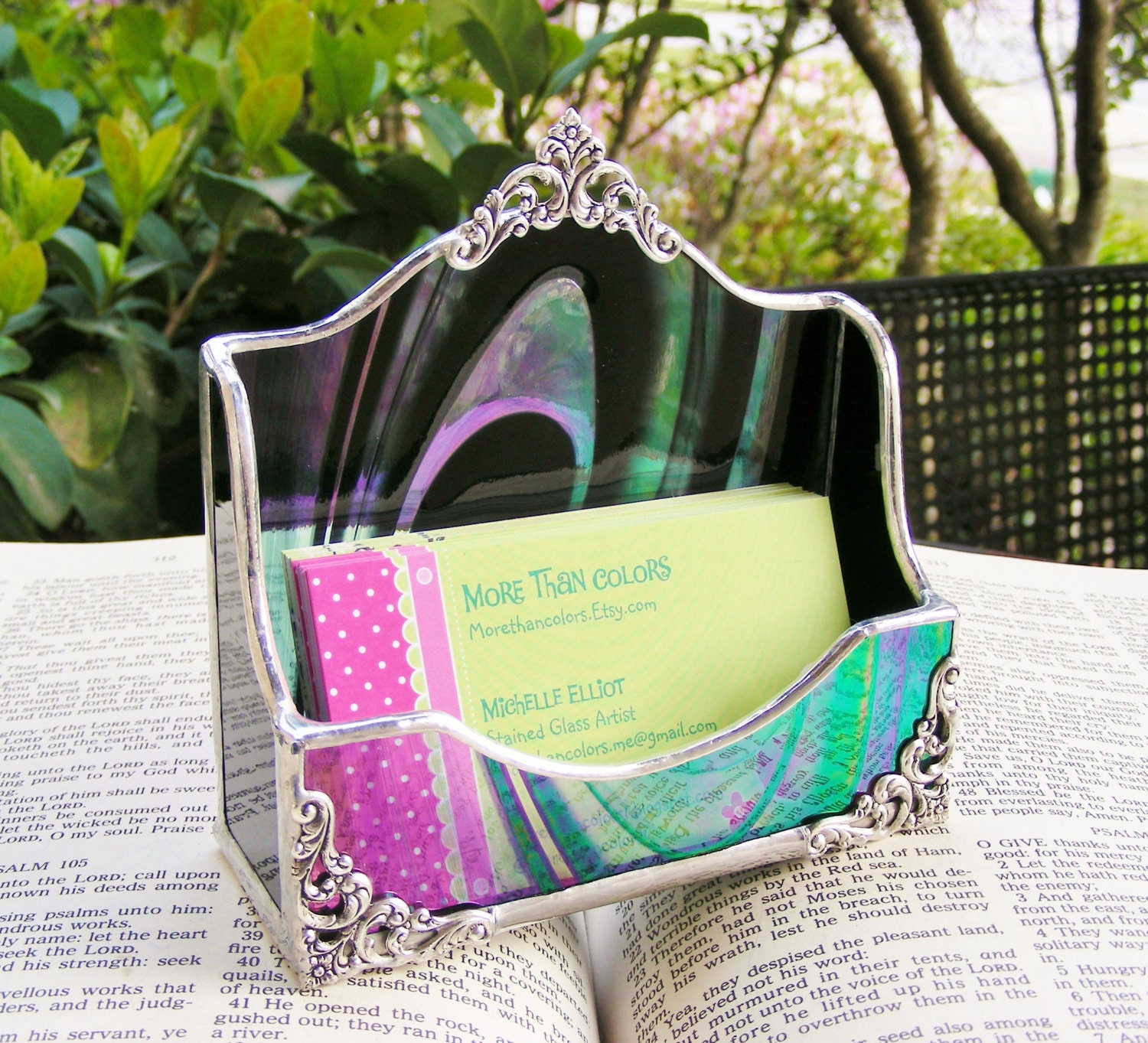 Business Card Holder in Black Swirl Iridescent Stained Glass with Silver Embellishments (ready to ship)