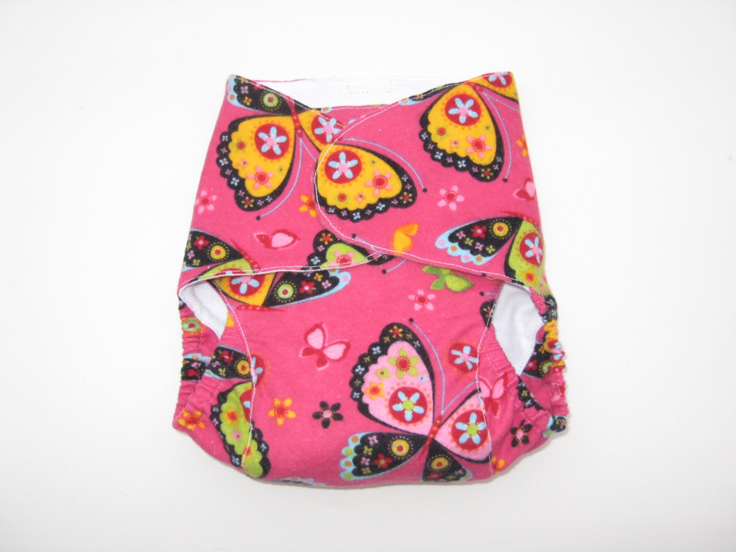 One-Size Fitted Cloth Diaper - Bright Floral Butterflies- White Lining