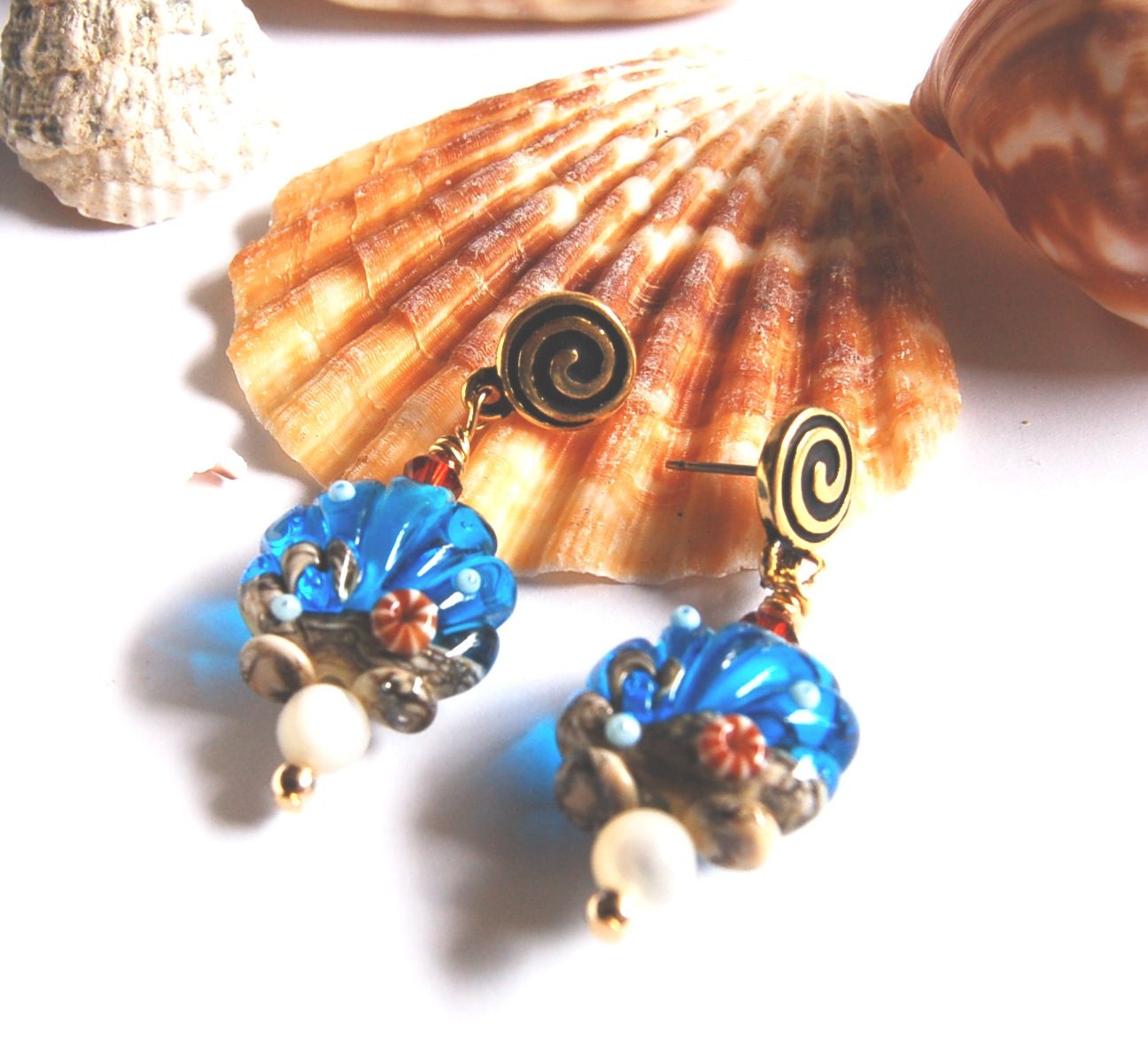 Shell seashell glass bead earrings with Mother of pearl beads, Swarovski crystals, gold vermeil accent beads and spiral posts